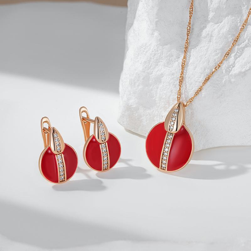 Fashion Red Enamel Natural Zircon Pendant Necklace For Women Girl Simple  Rose Gold Color Party Daily Jewelry