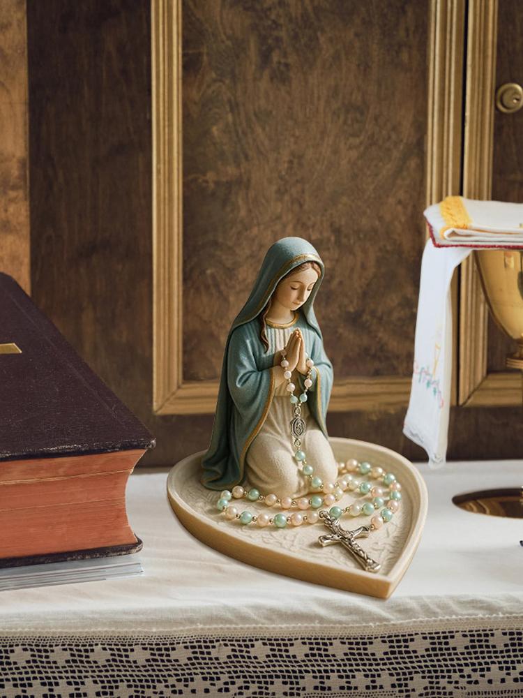 Virgin Mary Rosary Holder Statue Resin Elegant Our Lady Prayer Rosary Box Catholic Gifts for Women Religious Home Decor
