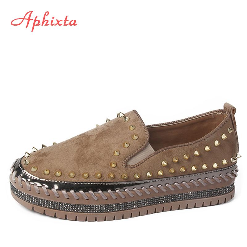 Aphixta Real Mink Fur Shoes Women Flats Luxury Rivets Hand Stitching Winter Shoes Woman Crystals Slip-on Platform Footwear
