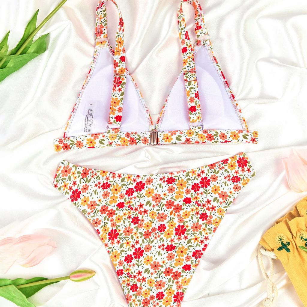 Small Floral Print Backless Sexy Two Piece Swimsuit Elegant For Vacation
