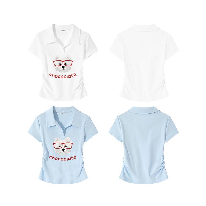 :CHOCOOLATEit Women's Polo Collar Slim Fit Printed Short Sleeve T-Shirt