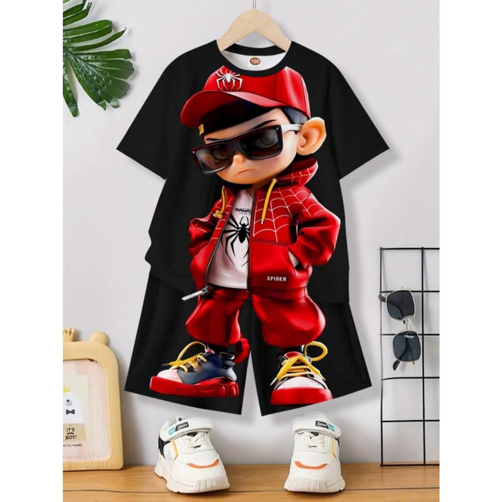 2025 Summer New Casual Short Sleeve Loose Men's Two Piece Fun Pattern Printed Short Sleeve Set Street Fashion