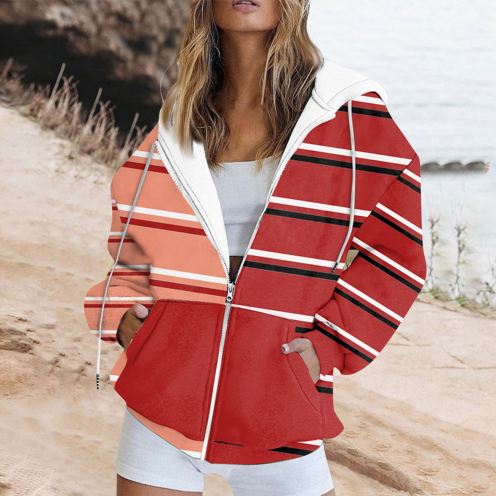 

Женская толстовка с длинными рукавами в полоску с принтом пэчворк, карман на молнии, куртка с капюшоном S красный