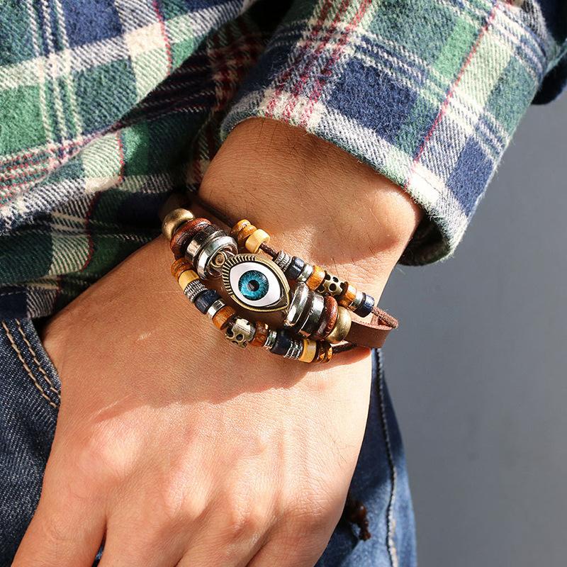 

Bohemian Multi-Layer Bracelet, Turquoise Eye Bracelet, Retro Metal Feather Pendant, Men S Handmade Jewelry Generation темно-коричневого кольору