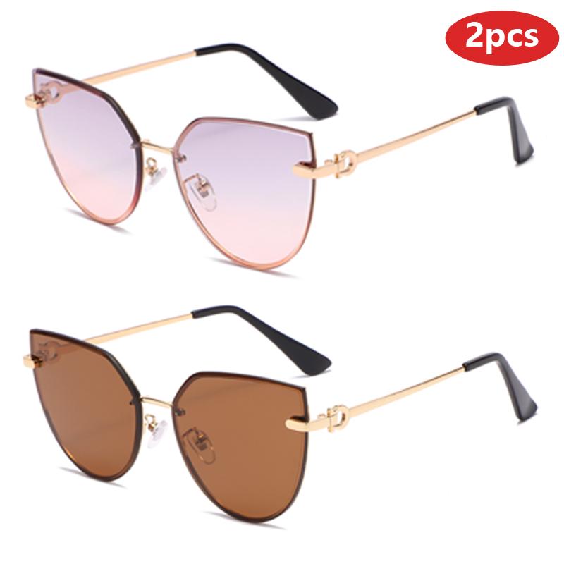 Protective Glasses 2pcs Frameless Oversized Cat Eye Sunglasses Female Metal Frame Gradient Sun Glasses Outdoor UV400 Eyeglasses