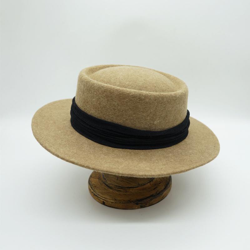 French Retro Elegant Mocha Oat Mixed Camel Flat Top Top Hat Women'S Autumn And Winter British Wool Felt Foreign Trade