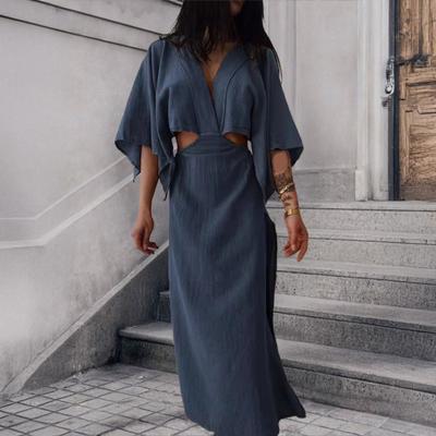 Robe longue à col en V pour femme, sexy, ajourée, manches courtes, moulante, fendue, en coton et lin, pour l'été, idéale pour les vacances à la plage