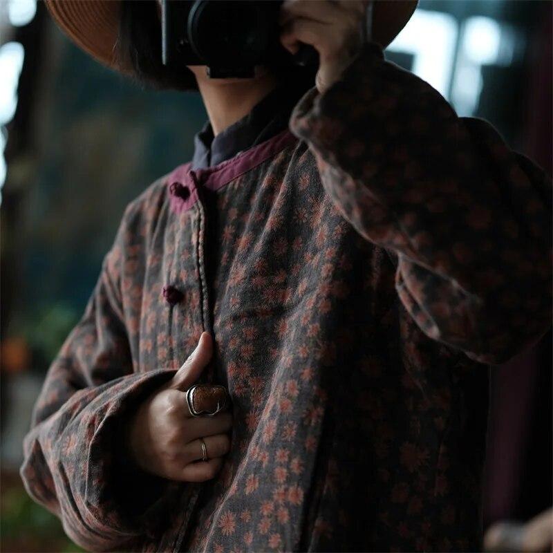 Johnature Γυναικεία παρκά με λουλούδια vintage στάμπα με μακρύ μανίκι με λαιμόκοψη και βαμβακερό μαλακό παλτό Πάρκα χειμερινού κινέζικου στυλ