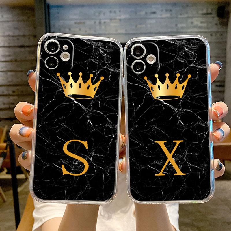 Gold Crown Letter Queen Case for iPhone 11 Pro X XS 12 Pro Max 13 Mini XR 14 Plus 8 7 6S SE 13 Silicone Cover Shell Funda