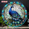 D Flat Metal Sign Stained Glass Peacock Vintage Round Wall Art Colorful Feathers Metal Sign for Home Garden Patio Outdoor Decor