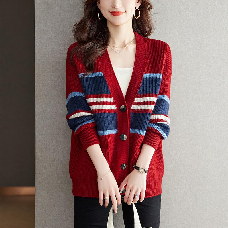 

Трикотаж с цветными блоками, свободный вязаный кардиган большого размера, куртка, осенний женский свитер One Size красный