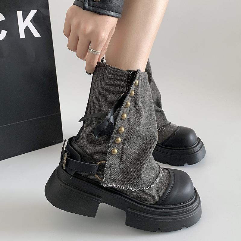British fashion black British style platform Martin boots women's summer new niche with skirt thick heel short boots