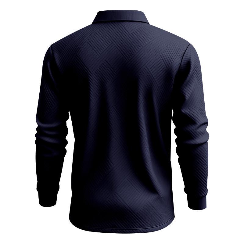 New Men's Solid-Colour Relaxed-Fit Casual Polo Shirt Long-Sleeved Button-Down Collar Jacquard Textured Sweatshirt