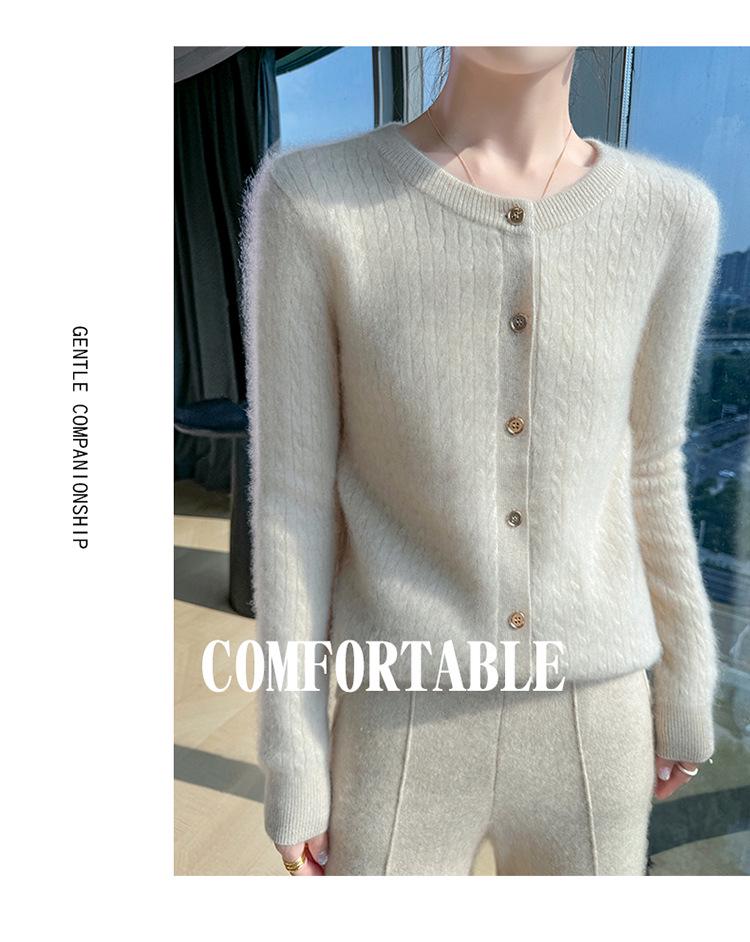 2026 Autumn/Winter Women's Soft Chunky Cable Knit Wool Cardigan Sweater - Round Neck Solid Color Top