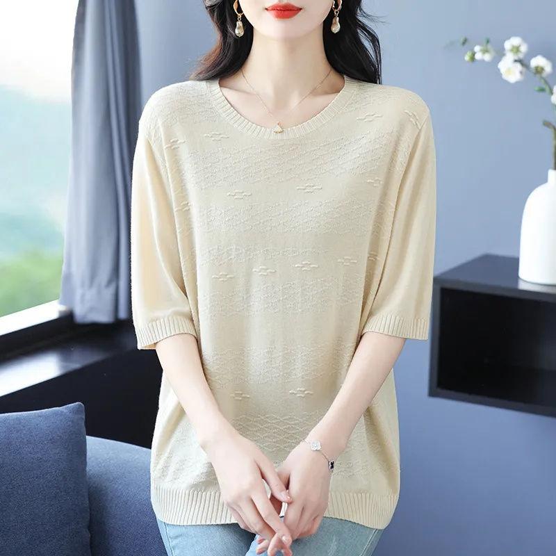 Middle Aged Mom's Mid Sleeve T-shirt Women's Summer Loose Plus Enlarged Size Ice Silk Knitted Top