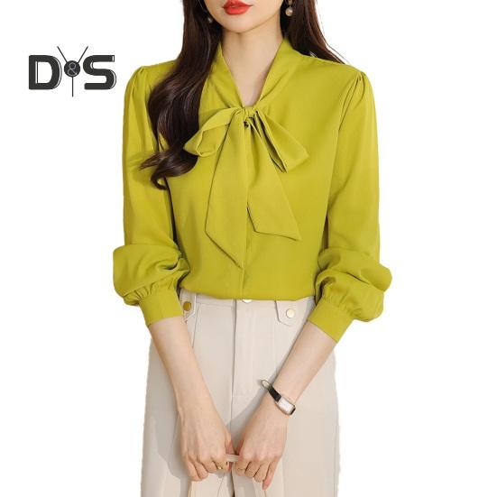 Women Shirt Lace-up Bowknot Collar Long Sleeve Casual Shirt Solid Color Loose Fit Chiffon Shirt Tops Daily Wear