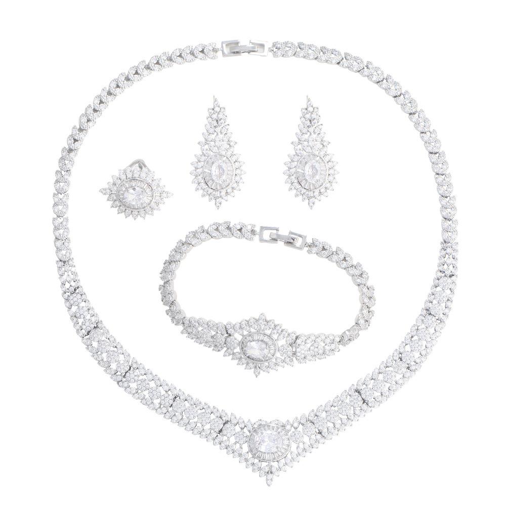 Light Luxury Zircon Full Diamond Necklace Four-Piece Banquet Wedding Bridal Accessories Set Chain Jewelry