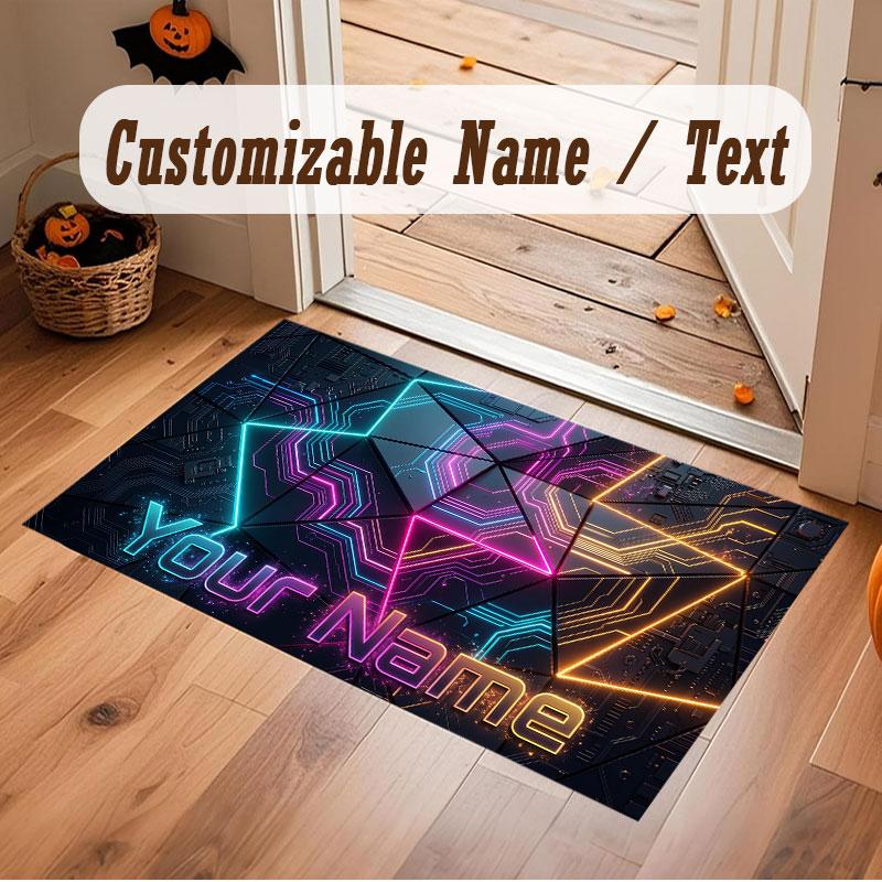 City Cyberpunk Theme Crystal Velvet Floor Rug Personalized Custom Name Text Warm Carpet Home Decoration