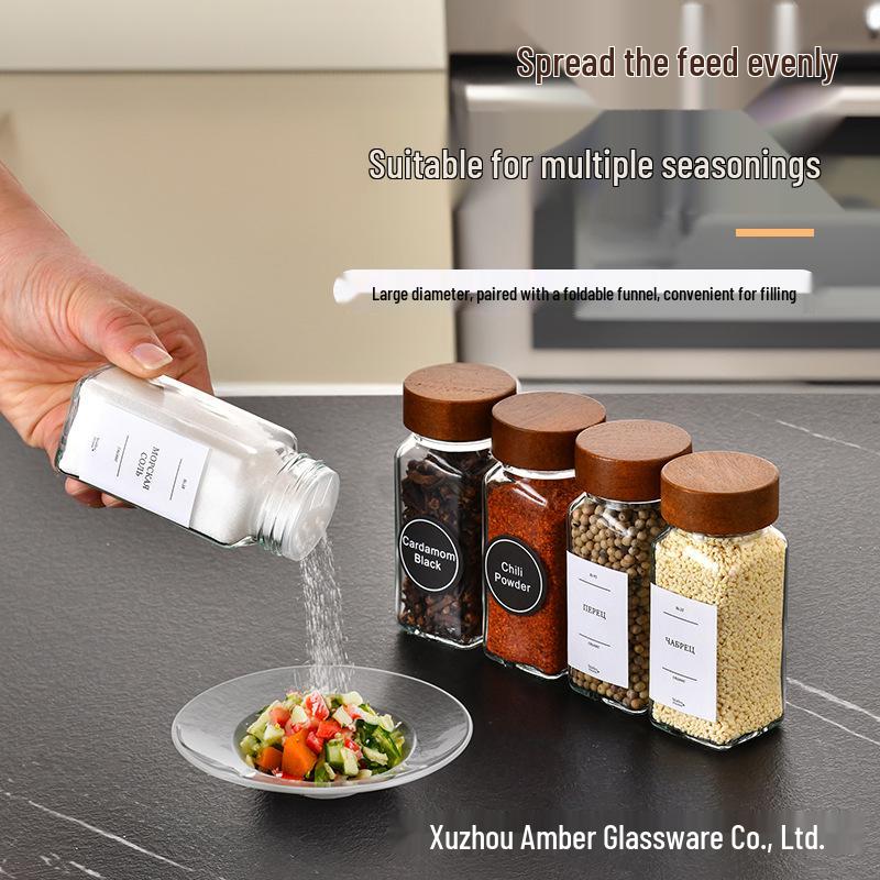 Square Acacia Wood Spice Jar Set – 24-Piece Glass Jars with Pepper Powder Sprinkler, 40oz Capacity