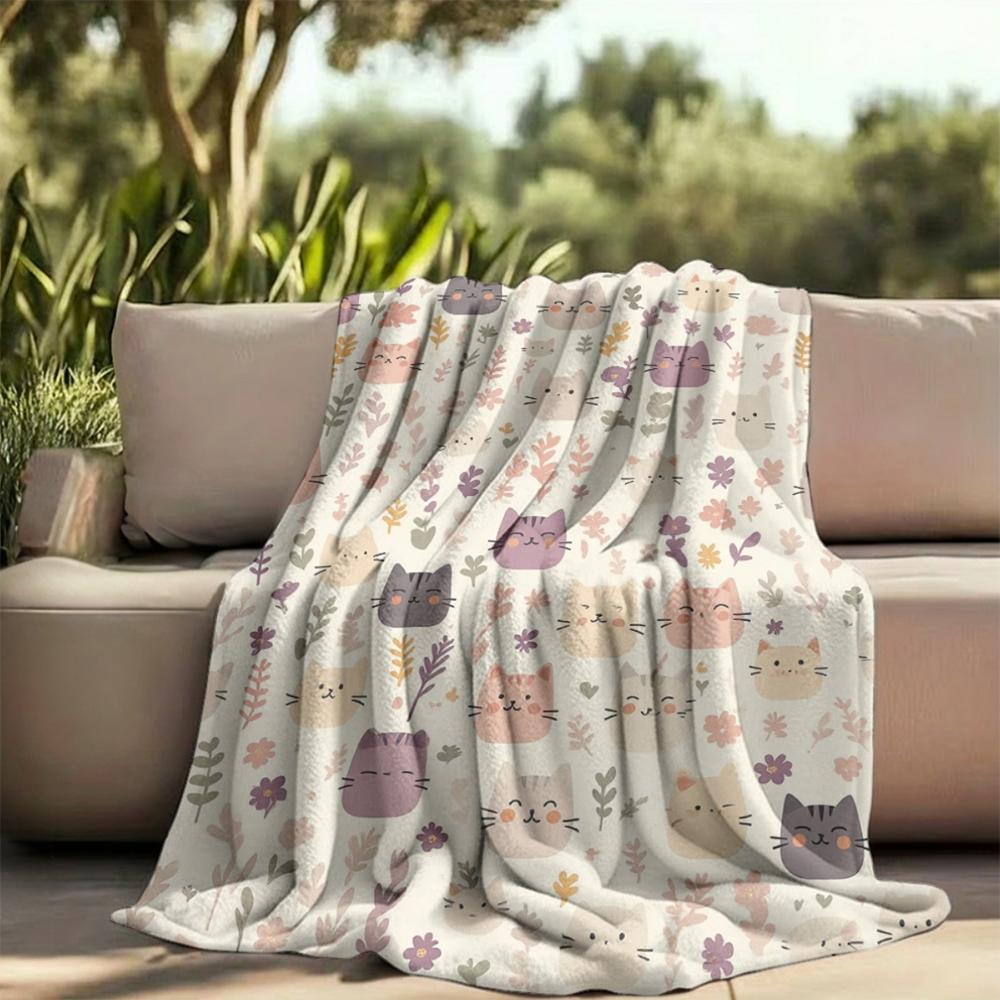 1Pc  Cute Pastel Kawaii Cat Floral Print Soft Fleece Blanket For Bedroom Living Room Dorm Decor