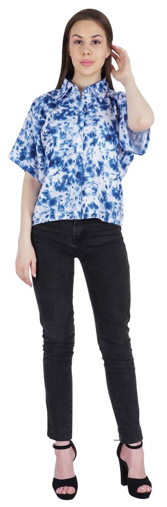 Moomaya Damen Bedrucktes Oberteil Kragenhals Knopfleiste Kurzarm Tunika