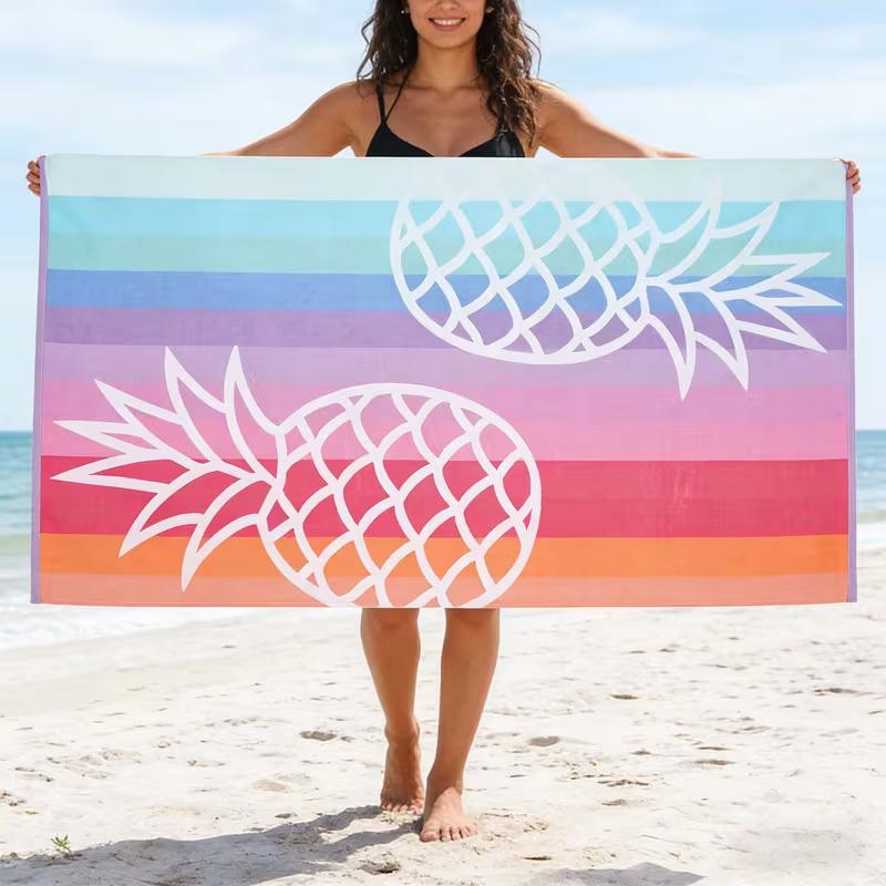 Rainbow Striped Pineapple Print Beach Towel Colorful Pastel Gradient Design Beach BlanketSoft Quick Dry Sand Resistant Towel