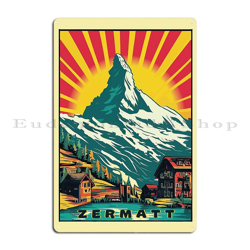 DORA Tin Sign Matterhorn Zermatt Switzerland Ski Poster Vintage Swiss Alps Landscape Metal Wall Retro Printing Plaques Tin Sign Poster 20x30cm（7.8x11.8inch）