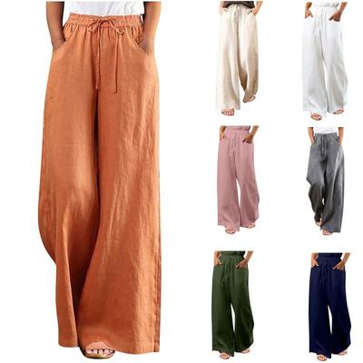 Women's Casual Cotton and Linen Wide-leg Pants Elastic Waist Lace-up Trousers