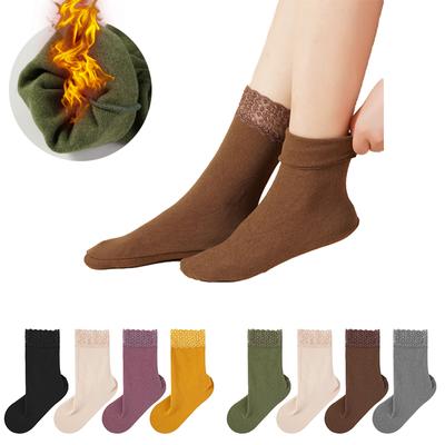 Meias femininas de veludo espessadas, meias de cano médio com borda de renda, lote de meias de veludo para inverno, meias quentes e à prova de frio