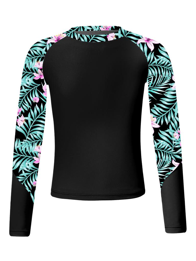 Girls Long Sleeve Swimwear Set UPF Sun Protection Printed Top Crop Top Briefs Pool Outfit