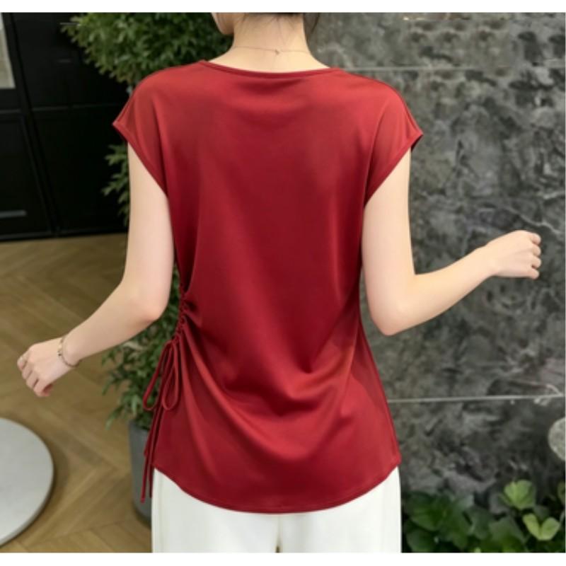 T-shirt Estiva da Donna con Scollo a V Leggera Camicia a Maniche Corte in Raso Design da Donna Top Elegante Aderente