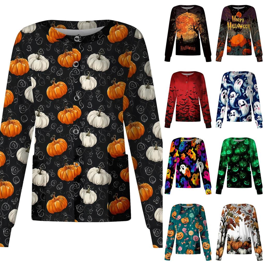 Women's Casual Long Sleeve Button Up Cardigan Halloween Print Lightweight Pullover Sweater for Caregivers and Everyday Wear