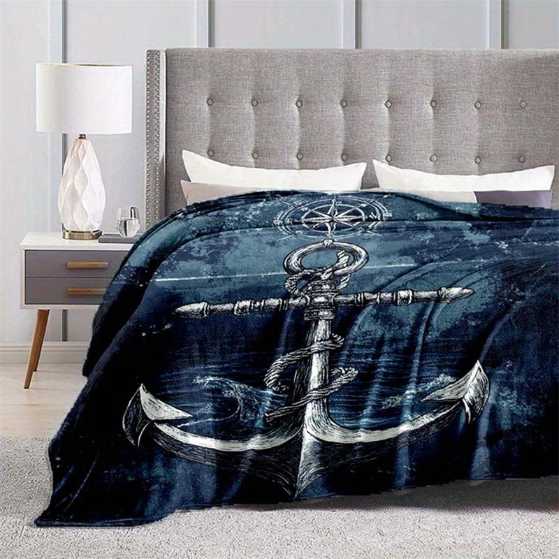 1pc Nautical Anchor & Waves Printed Throw Blanket - High-Quality Polyester, Rectangular, Knit Fabric, Ideal for Cozy Home Decor & Unique Gif