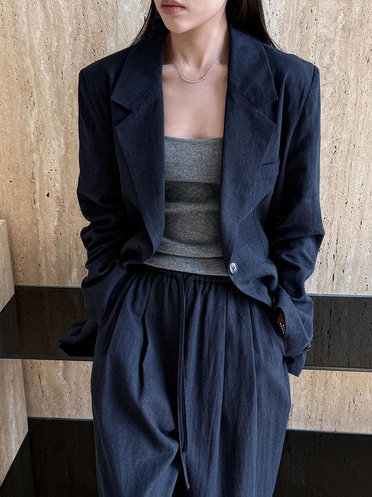 Women's Autumn Cotton Linen Blazer Suit Set with Pants