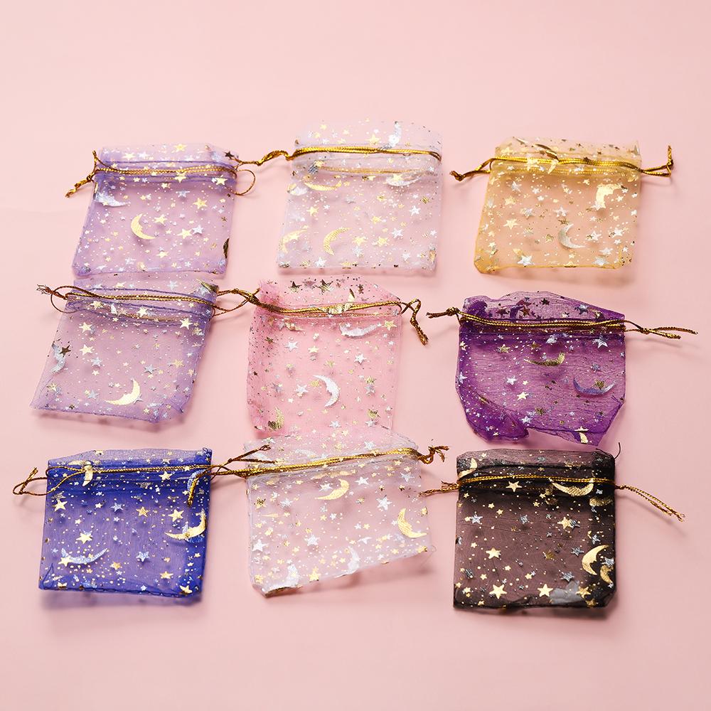

50pcs/Lot 7x9 9x12 10x15 13x18cm Printing Star Moon Christmas Organza Sack Drawstring Charm Packaging Bags Daily Jewelry Making 7x9cm 50pcs