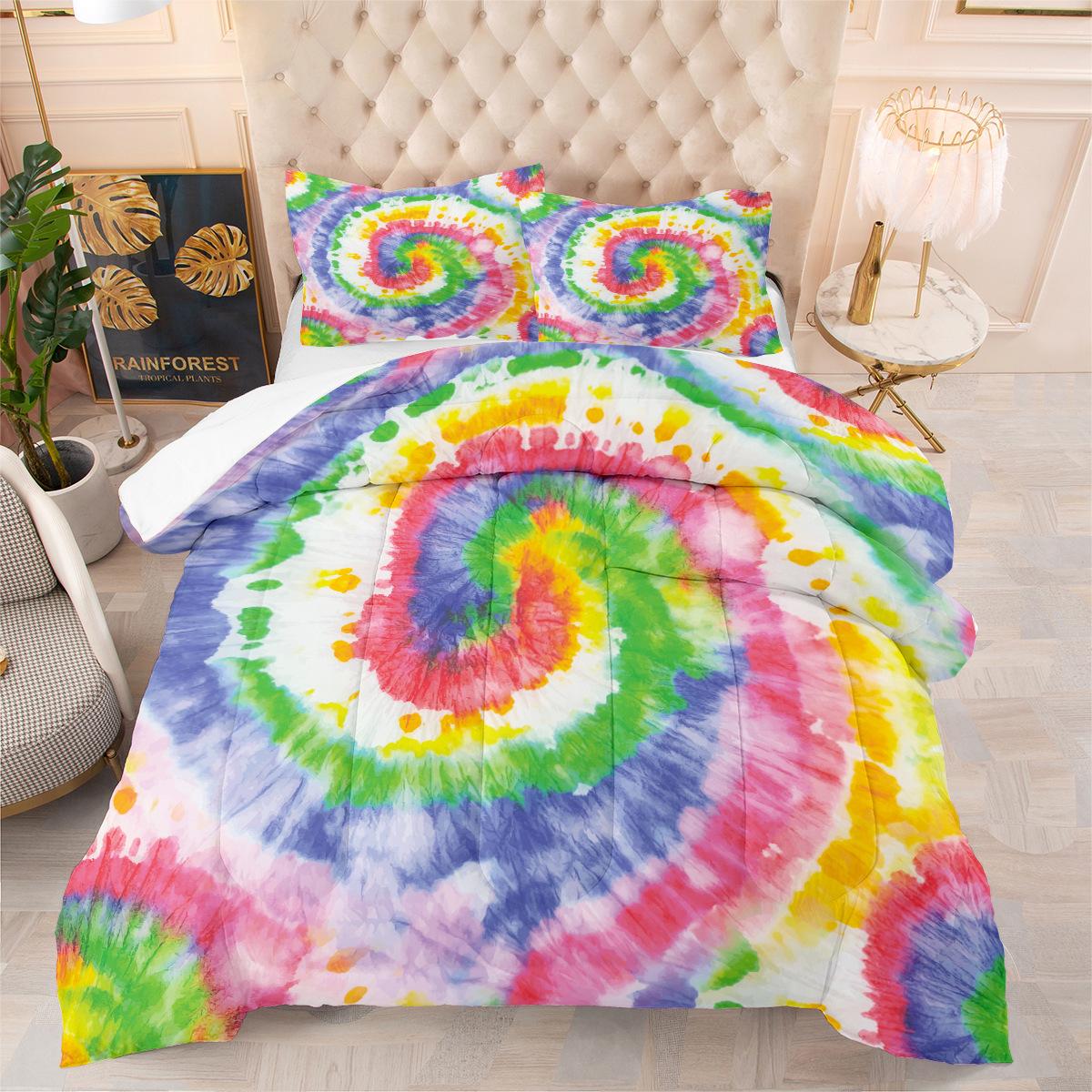 Rainbow Spiral Tie-dye Home Textiles Digital Printing Bedding Fat Quilt Feather Silk Cotton Quilt Cover Three-piece Set 140*200cm