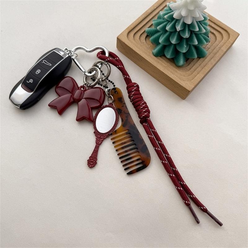 Fashionable Acetate Comb Mirror Keychain Multifuntional Key Accessory Suitable for Youthful Women and Girl Outdoor Use