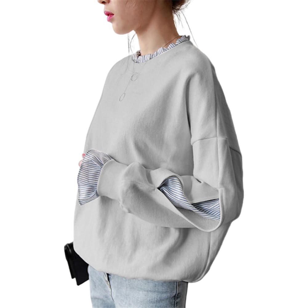 Kayiyasu Layered Long Sleeve Sweatshirt Everyday Women's Hoodie, Casual, Cute, Striped, Slimming, Wear, Spring/Autumn, M-2XL (M Gray)