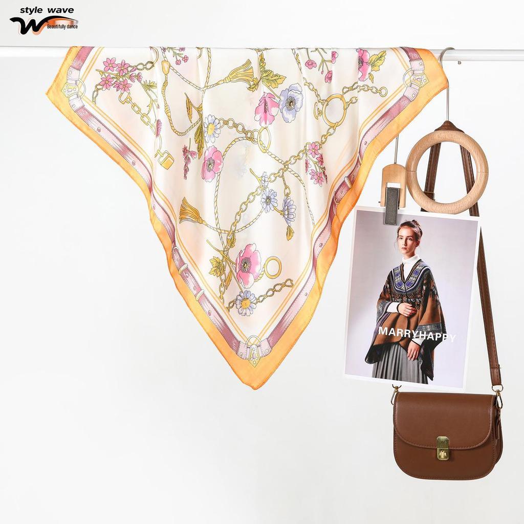 Women's French Pastoral Floral Silk Scarf - Elegant Printed Satin Square Scarf Souvenir