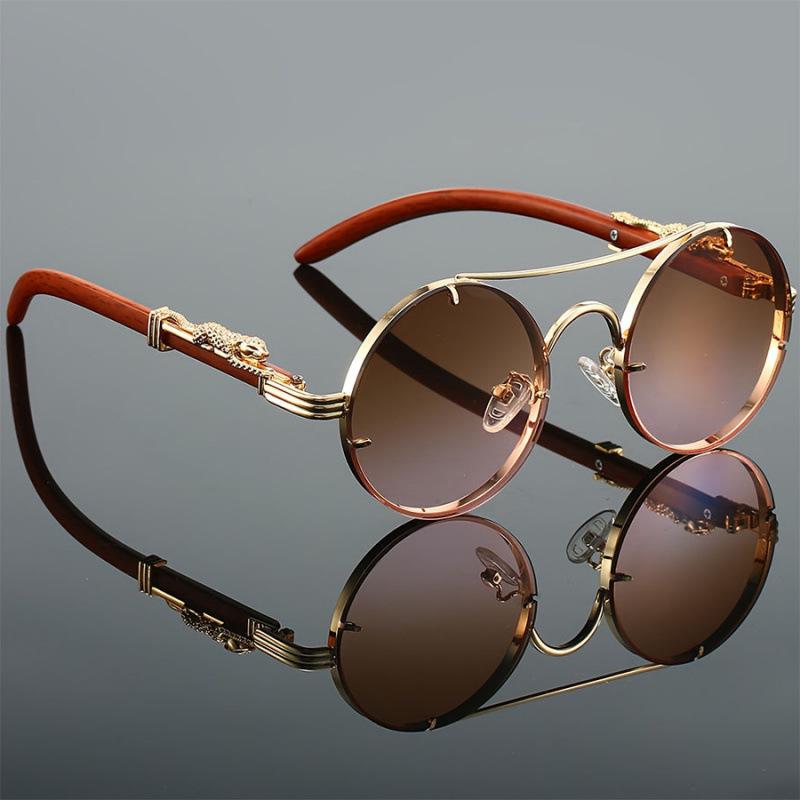New Retro Imitation Wood Grain Women Sunglasses Men'S Round Travel Sun Glasses Women'S Fashion Trend Uv Protection Glasses