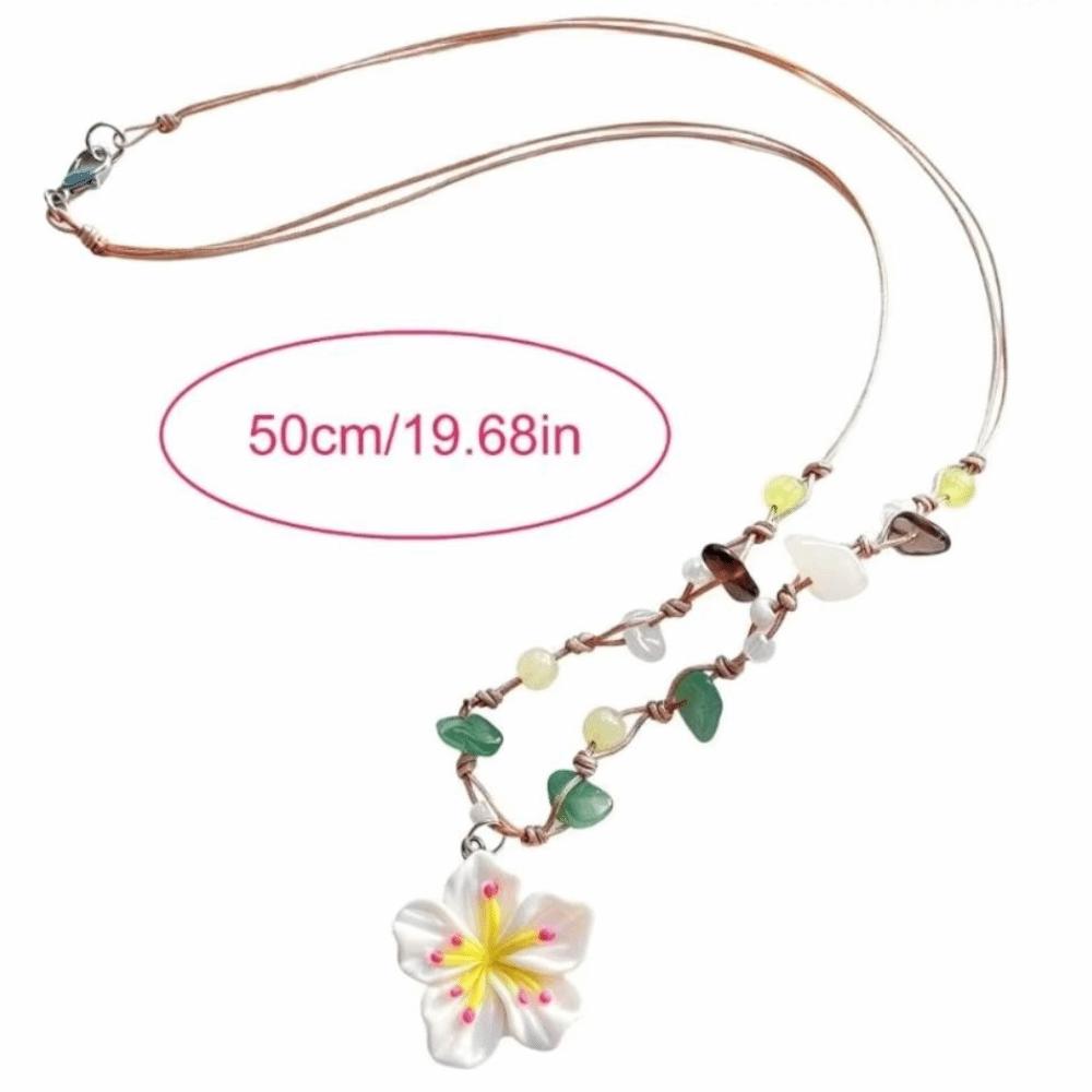 Pink Pearl Cherry Blossoms Pendant Necklace Colorful Beaded Green Leaf Flower Pendant Necklace Resin Pendant Clavicle Chain