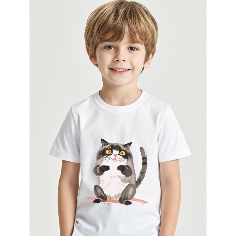 European Sizes Cute Owl Print Cotton T-Shirt - Soft Round Neck Short Sleeve Top with Adorable Owl & Owl Face Design, Casual Attire for Kids