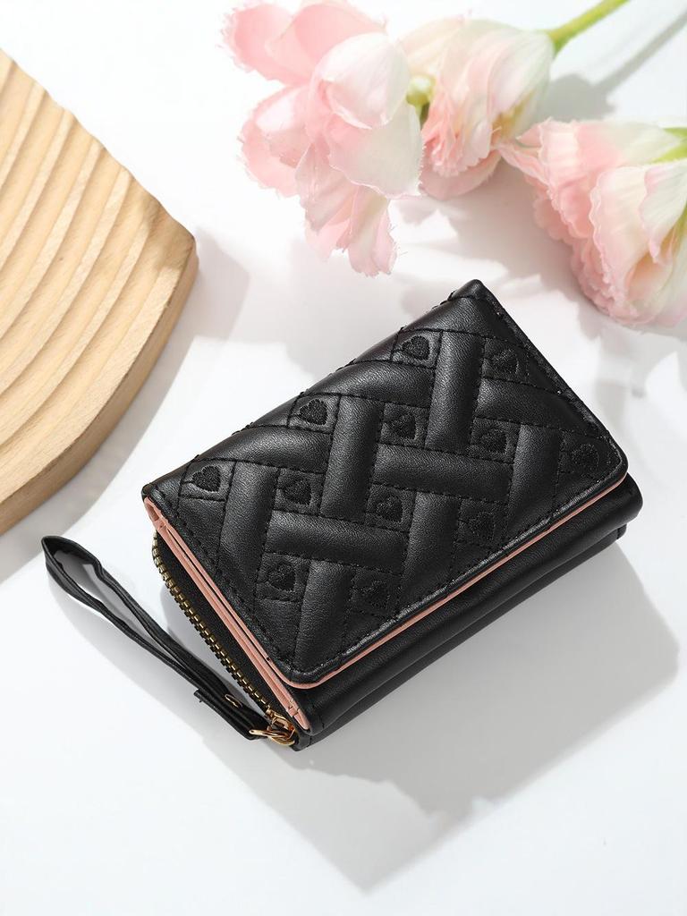 Dámská výšivka srdce PU trojdílná peněženka: Krátká peněženka s více sloty na karty & Držák na karty v jednom