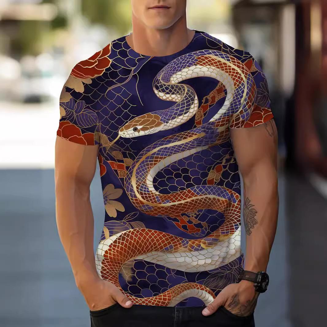 

Летний топ с круглым вырезом и 3D-принтом в виде змеи, модная повседневная мужская футболка с короткими рукавами XS