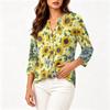 Women's Vintage Floral Print Henley Collar Button Front Three Quarter Sleeve Cotton Linen Shirt Casual Loose Fit Blouse