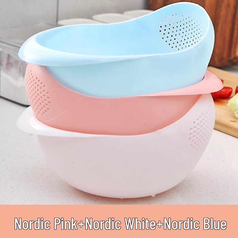 

3-Pack Rice Washing Sieve: Fine Mesh Drain Basket for Easy Fruit and Vegetable Rinsing Fruit Basket - Nordic Pink + Nordic Blue + White