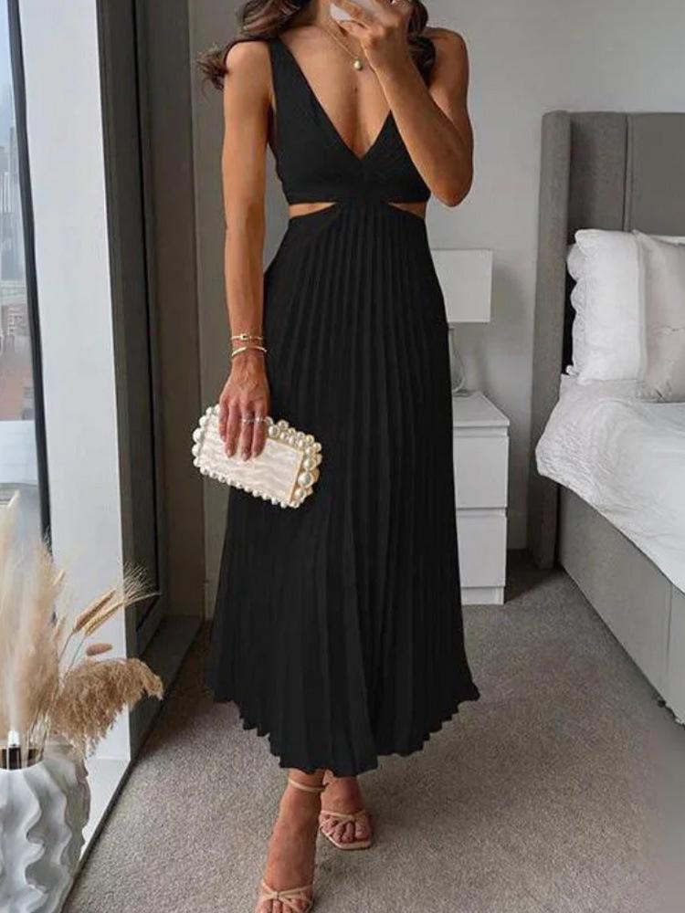 2024 Summer Elegant V-Neck Sleeveless Backless Pleated Dress for Women