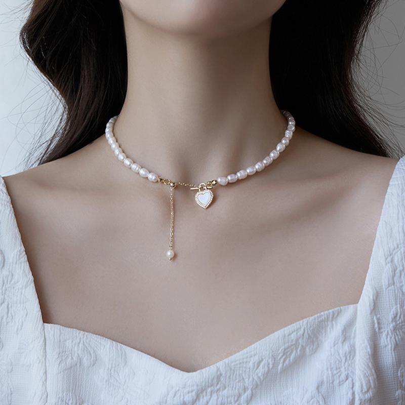 Korean Pearl Chain Choker Necklace For Women Girls  Trend Jewelry Heart Tassel Pendant Necklace Bridal Engagement Gift