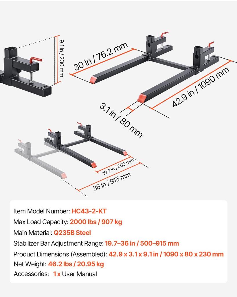 Pallet Forks, 907 Kg Clamp On Pallet Forks, 109 Cm Total Length Heavy-Duty Tractor Fork with Adjustable Stabilizer Bar for Tractor Attachments, Loader
