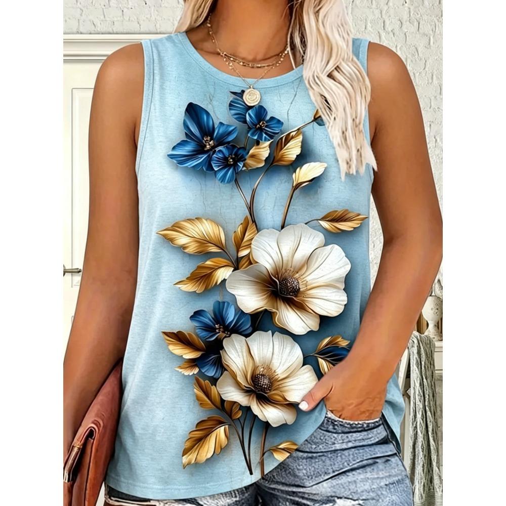 Gilet Estivo da Donna Taglia Larga Fiori Colorati Stampa 3D Largo alla Moda Comodo Morbido Traspirante Scollo a O Senza Maniche